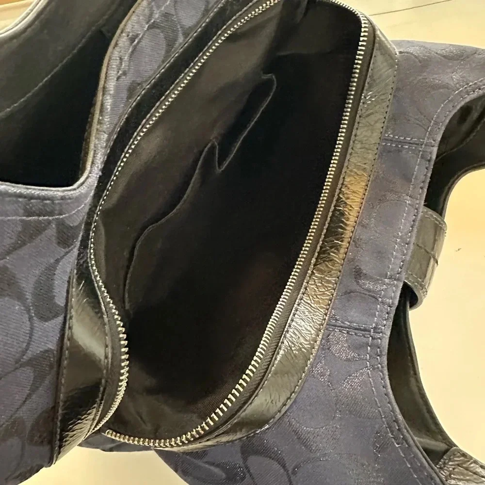 COACH Large Dark Blue Leather Trim Travel Business Functional Shoulder Handbag - Picture 6 of 12